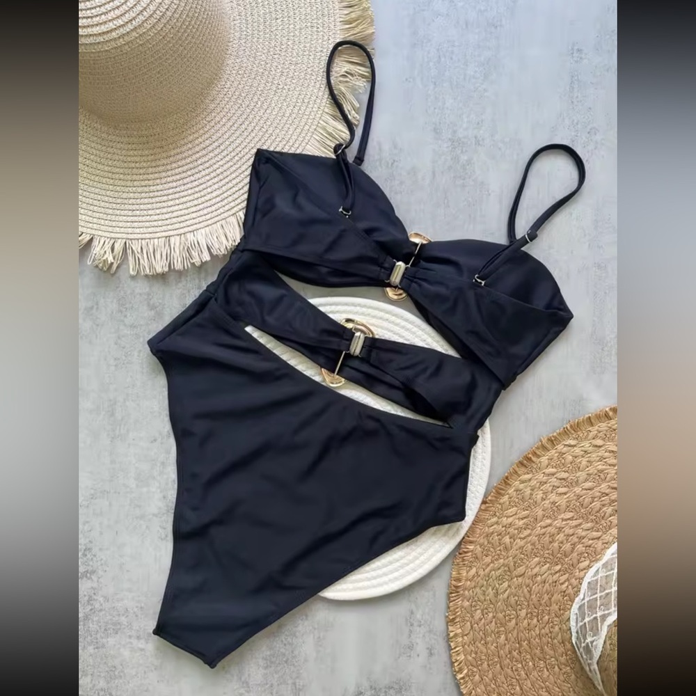 NWT - Swimsuit Body Cutout Bandeau Gold Accents Adjustable Straps - Luxury Style - Picture 3 of 7
